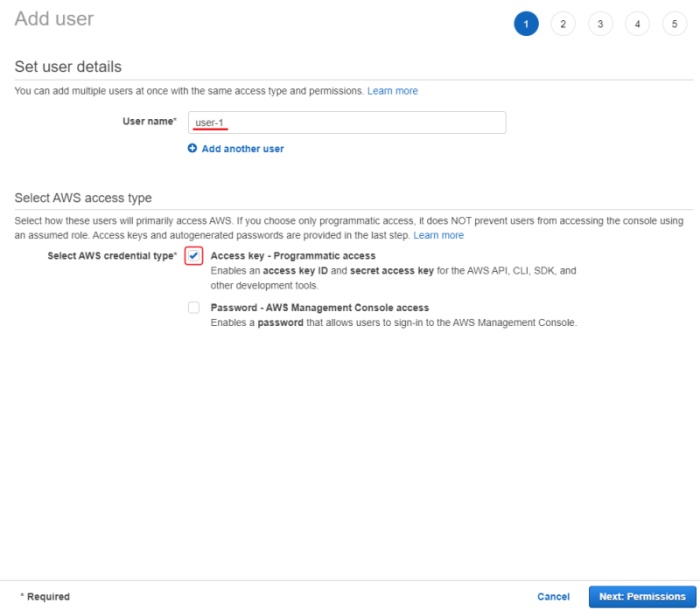 AWS S3 interface with highlighted &ldquo;User name&rdquo; and &ldquo;Access key - programmatic access&rdquo; parameters
