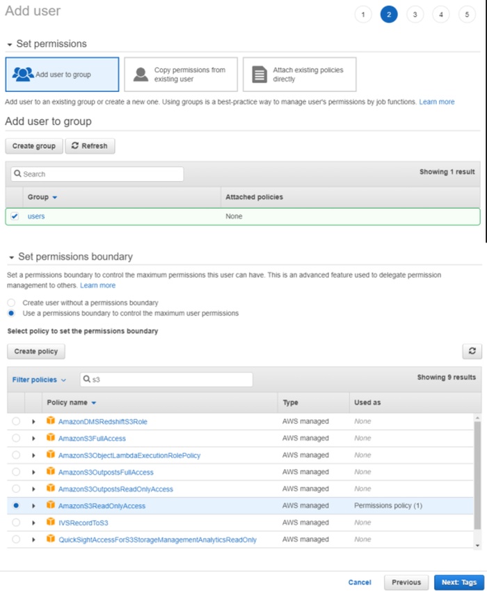 AWS S3 interface with creating user group step