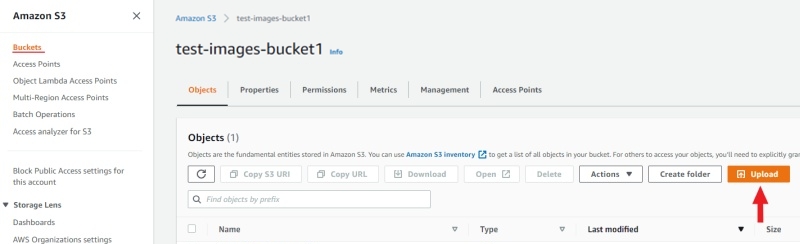 AWS S3 interface with highlighted &ldquo;Upload&rdquo;