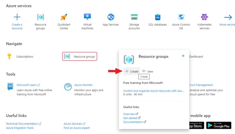 Microsoft Azure interface with highlighted &ldquo;Create&rdquo; button