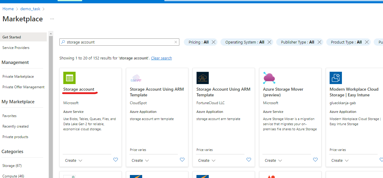Microsoft Azure interface with highlighted &ldquo;Storage account&rdquo; button