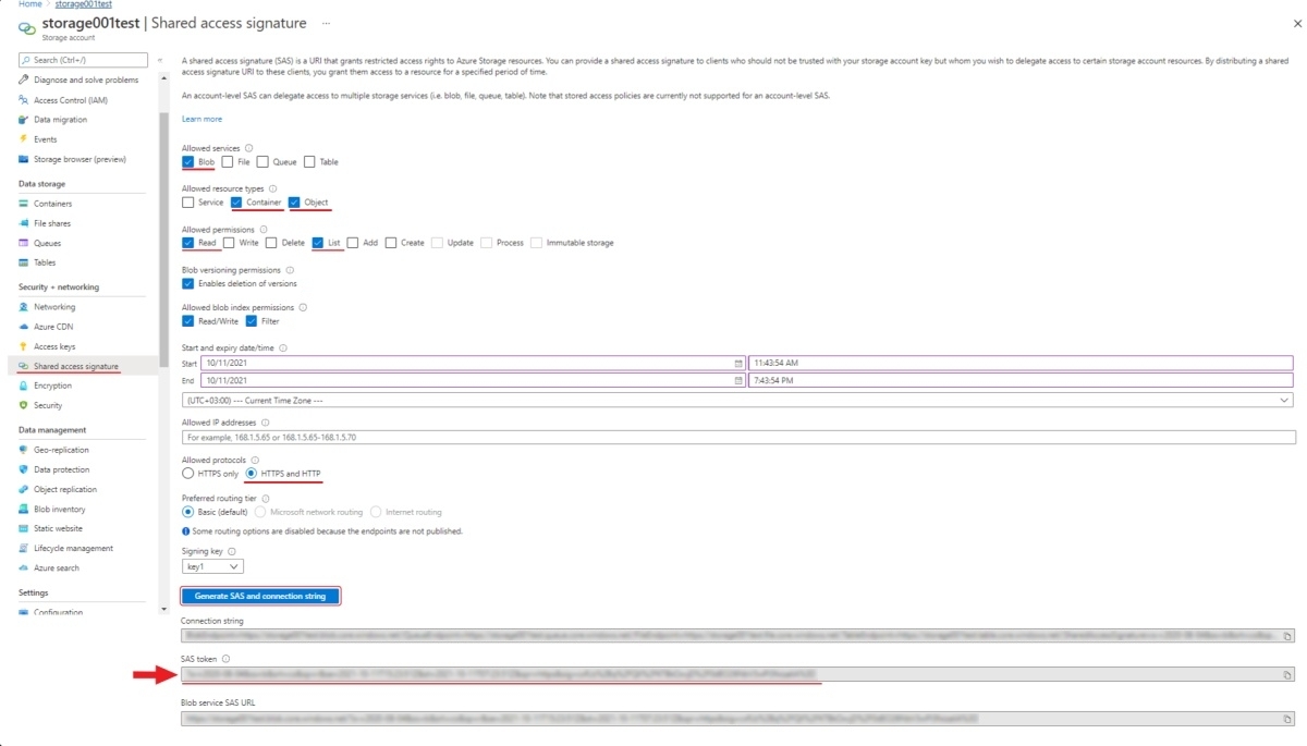 Microsoft Azure interface with highlighted &ldquo;SAS token&rdquo; field