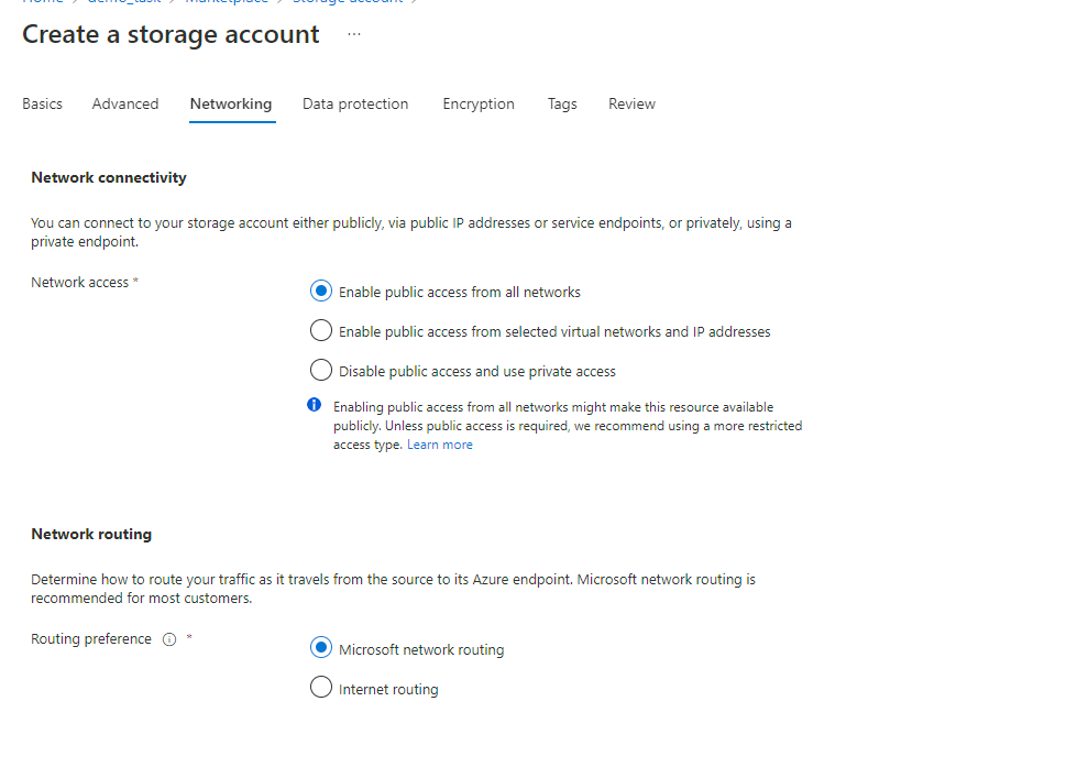 Microsoft Azure interface with advanced settings for storage account