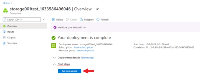 Microsoft Azure interface with highlighted &ldquo;Go to resource&rdquo; button