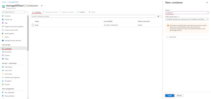 Microsoft Azure interface with highlighted &ldquo;+Container&rdquo; button