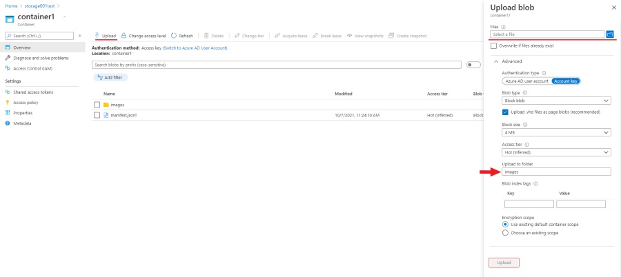 Microsoft Azure interface with highlighted &ldquo;Upload&rdquo; button and upload settings