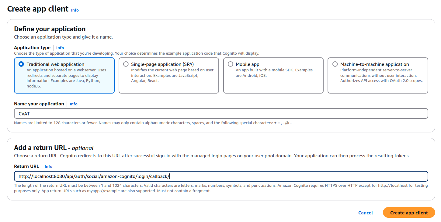 Create application client form in AWS with assigned parameters