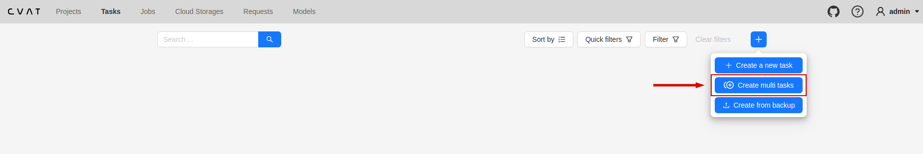 User interface with opened menu and highlighted &ldquo;Create multi tasks&rdquo; option