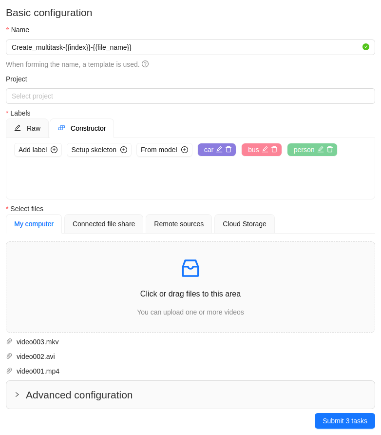 &ldquo;Basic configuration&rdquo; tab opened in task creation window