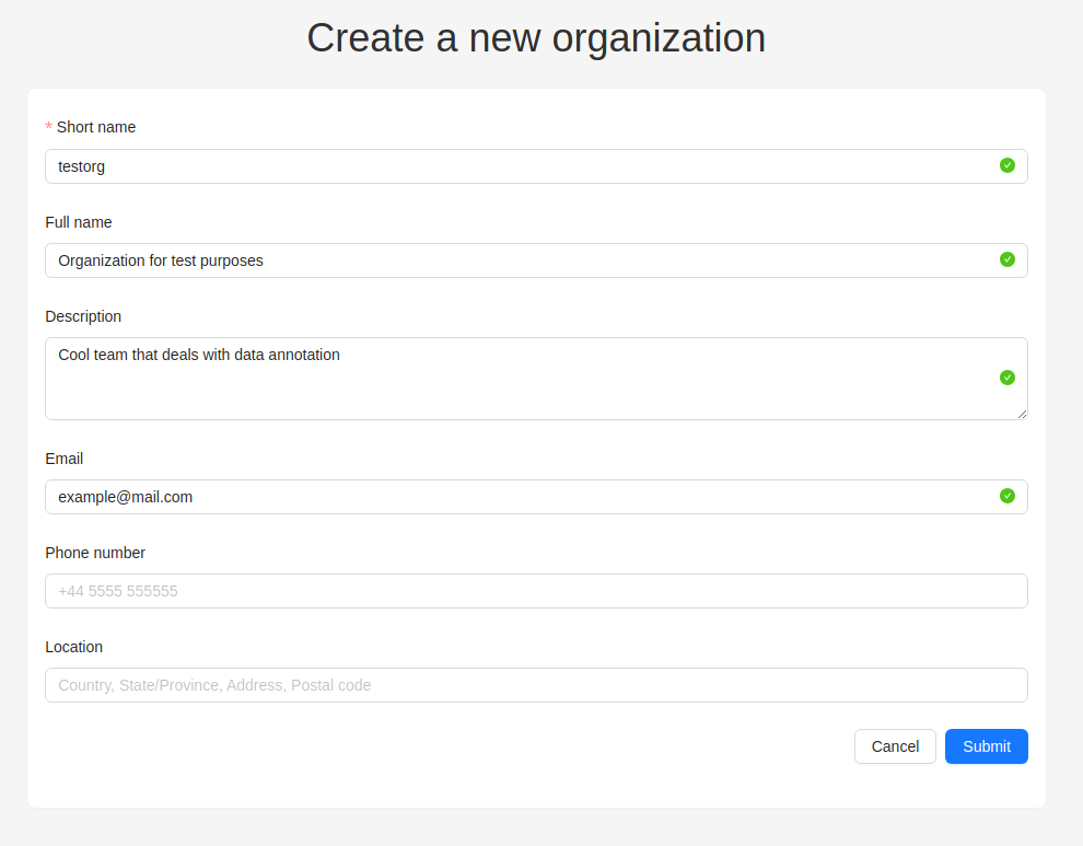 &ldquo;Create a new organization&rdquo; window with options and parameters