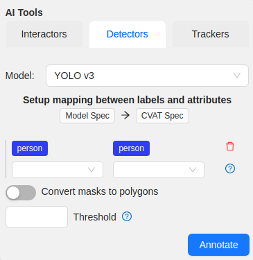 Detectors tab with YOLO v3 model selected and matching labels