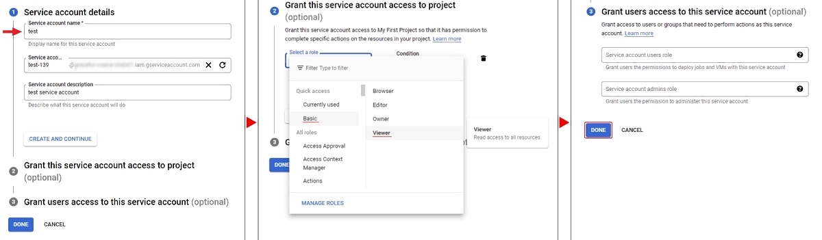 Creating service account shown in Google Cloud Storage interface