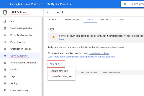 Google Cloud Storage interface with highlighted steps to create a key