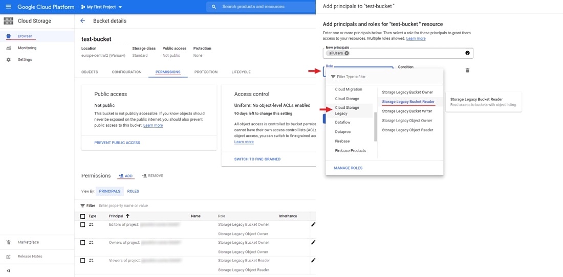 Google Cloud Storage interface with anonymous access configuration