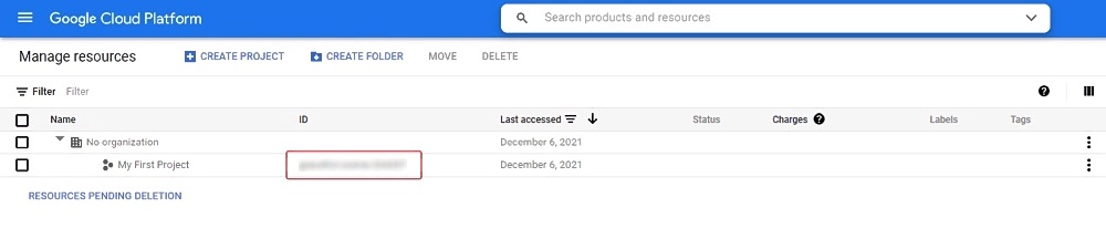 Project ID shown in Google Cloud Storage interface