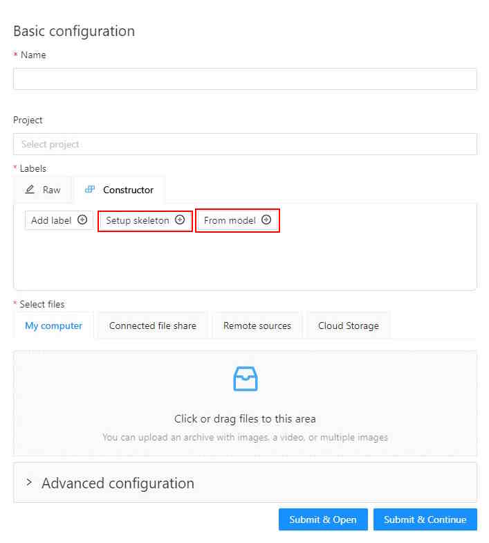 Task creation window with highlighted buttons for skeleton configuration