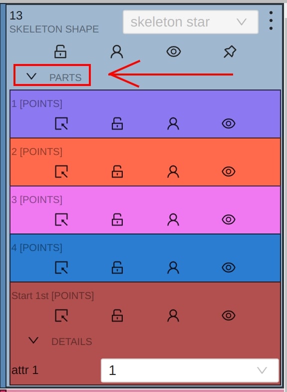 Example of interface with skeleton parts for shape mode
