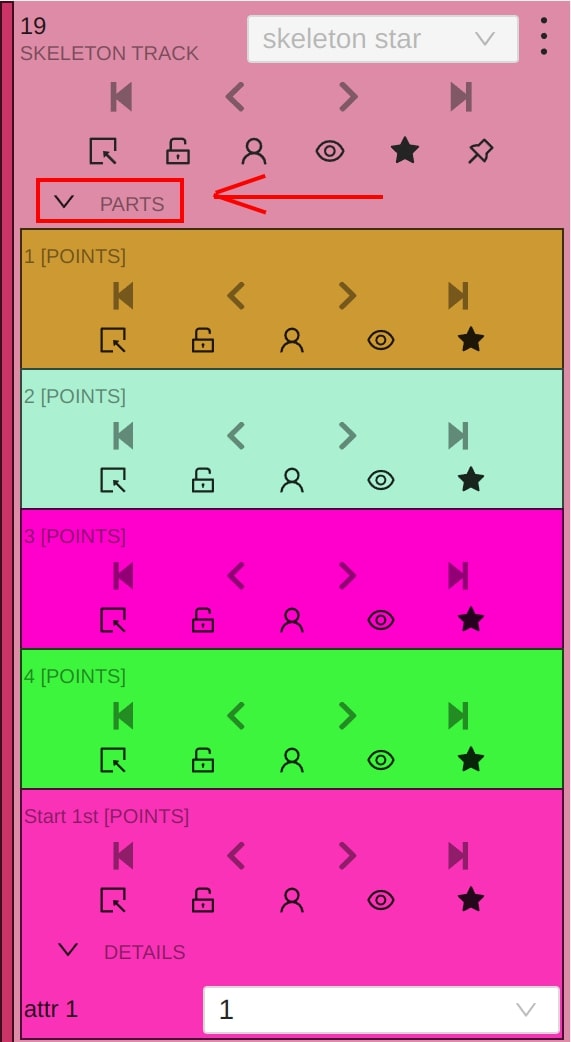 Example of interface with skeleton parts for track mode