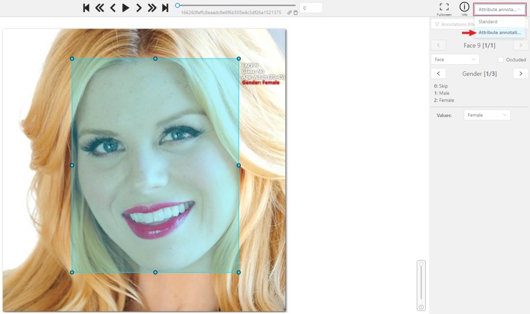 User interface with opened menu for changing annotation mode