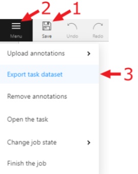 Opened annotation menu with highlighted &ldquo;Export task dataset&rdquo; option
