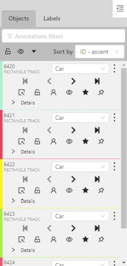 Objects sidebar in track mode