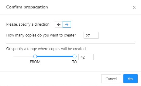 Window with options and parameters for object propagation