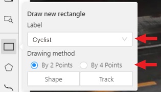 &ldquo;Draw new rectangle&rdquo; window with highlighted &ldquo;Label&rdquo; and &ldquo;Drawing method&rdquo; options