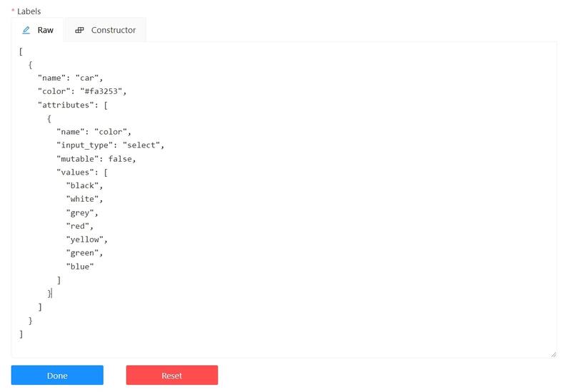 &ldquo;Raw&rdquo; tab in task creation window showing labels in JSON format