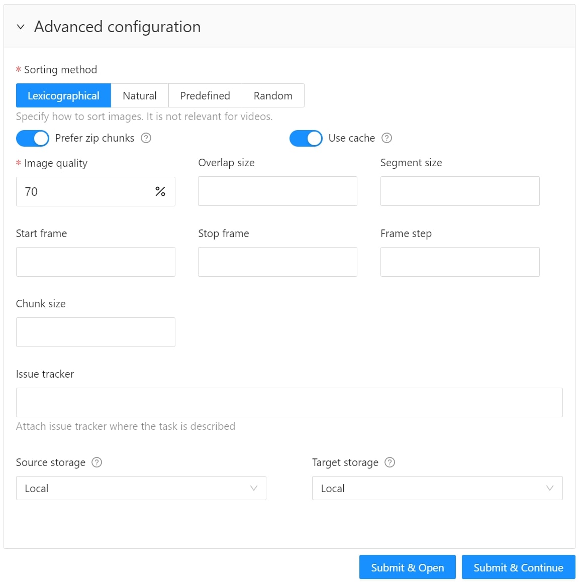Advanced configuration section opened in task creation window