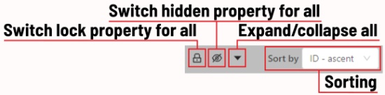 Managing objects panel with marked buttons and menus