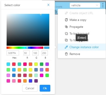 Object&rsquo;s action menu with &ldquo;Change instance color&rdquo; option and a color picker