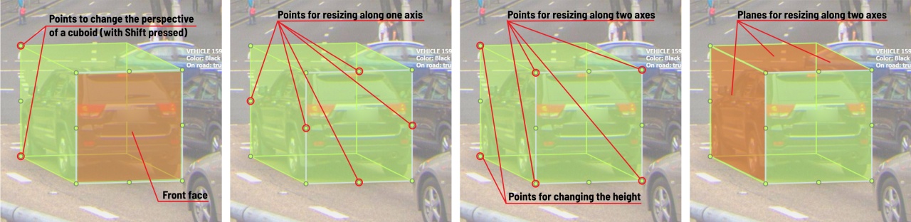 Several cuboids with marked points and faces to edit shape