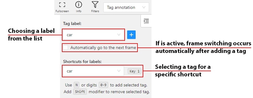 Panel for tag annotation with marked options and parameters