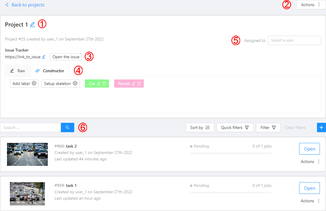 Example of a project page with project details and highlighted interface elements
