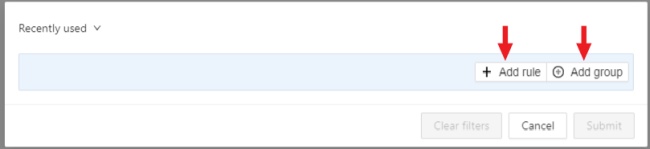 Filter window with highlighted &ldquo;Add rule&rdquo; and &ldquo;Add group&rdquo; buttons