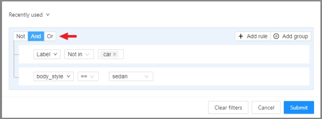 Filter window with highlighted operators