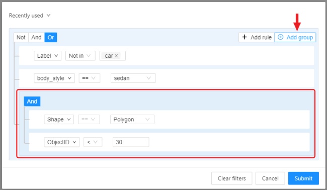 Filter window with highlighted group and &ldquo;Add group&rdquo; button
