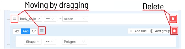 Part of the filter window with highlighted buttons for moving and deleting groups and rules