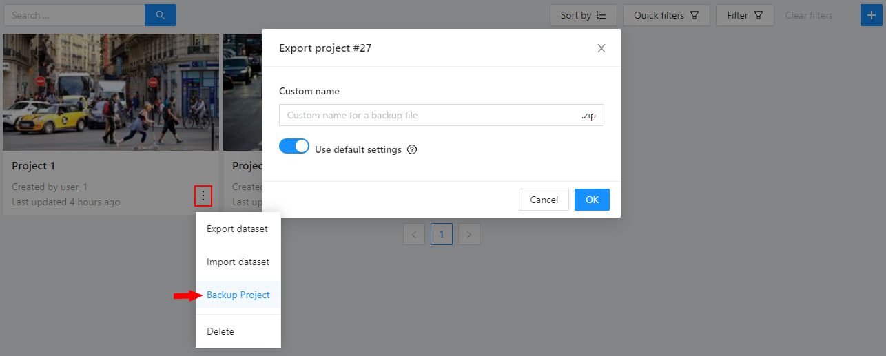 Opened project menu with highlighted &ldquo;Backup project&rdquo; option
