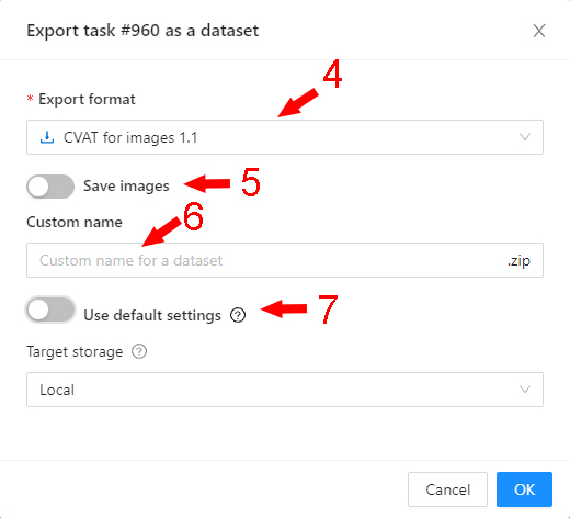 &ldquo;Export task&rdquo; window with marked parameters