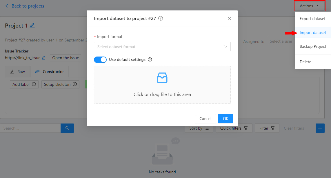 Project with opened &ldquo;Actions&rdquo; menu and highlighted &ldquo;Import dataset&rdquo; option