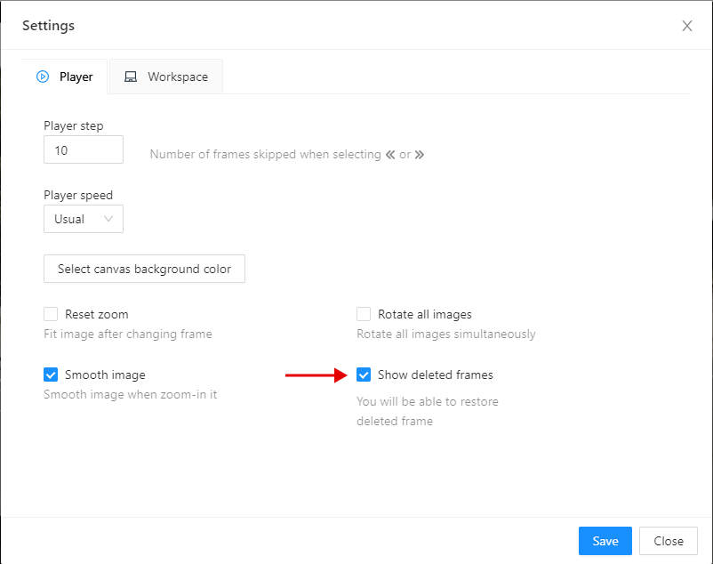 &ldquo;Player&rdquo; tab opened in &ldquo;Settings&rdquo; with highlighted &ldquo;Show deleted frames&rdquo; option