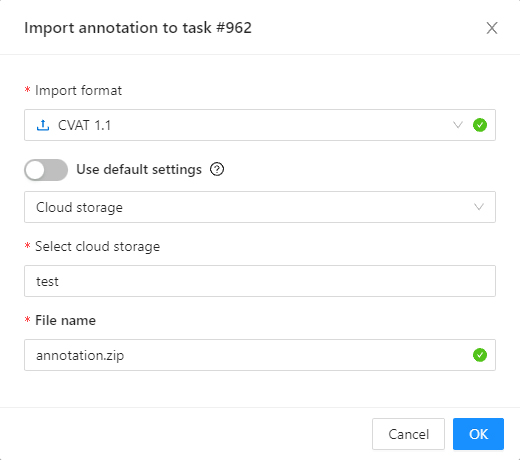 &ldquo;Import annotation task&rdquo; window with options and parameters