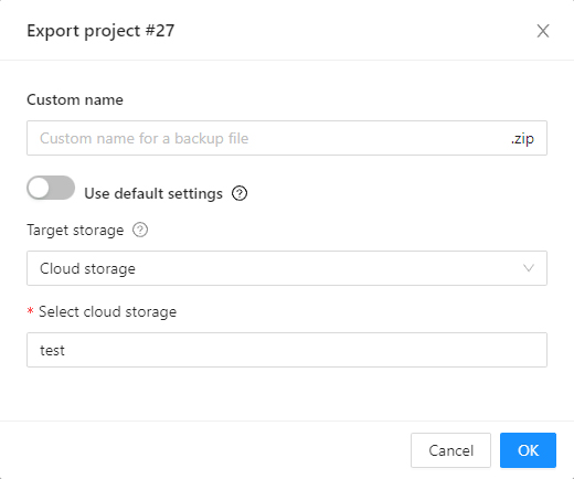 &ldquo;Export project&rdquo; window with backup parameters