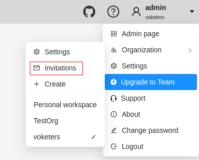 User menu with highlighted &ldquo;Invitations&rdquo; section