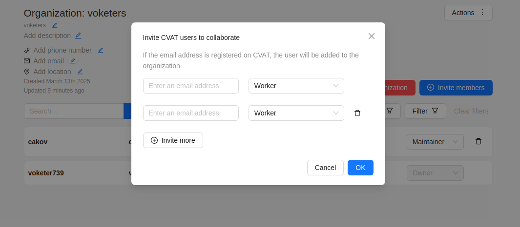 Form for inviting users to organization