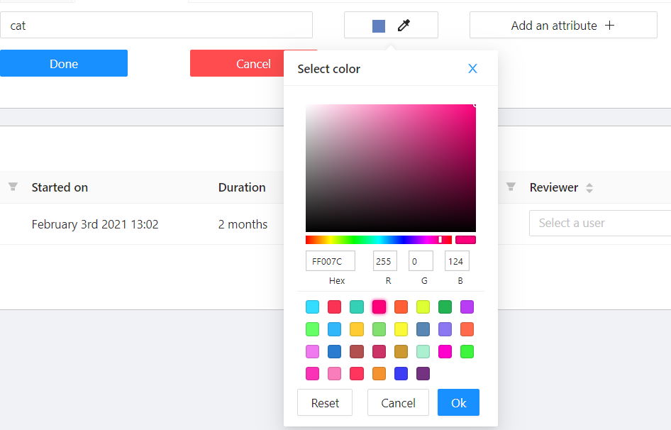 Task label properties with color picker