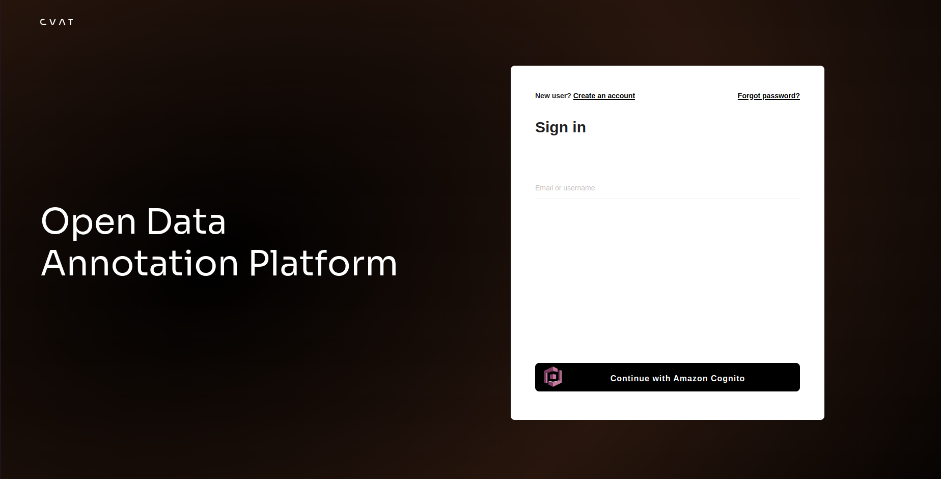 CVAT login page with social account authentication option