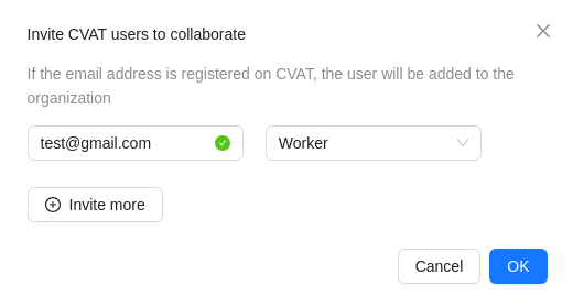 Invite user form with options and parameters