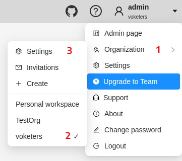 User menu with highlighted steps to open organization settings